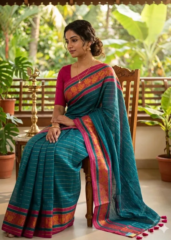 Teal_Blue_Cotton_Silk_Saree_With_Pink_Brocade_Border