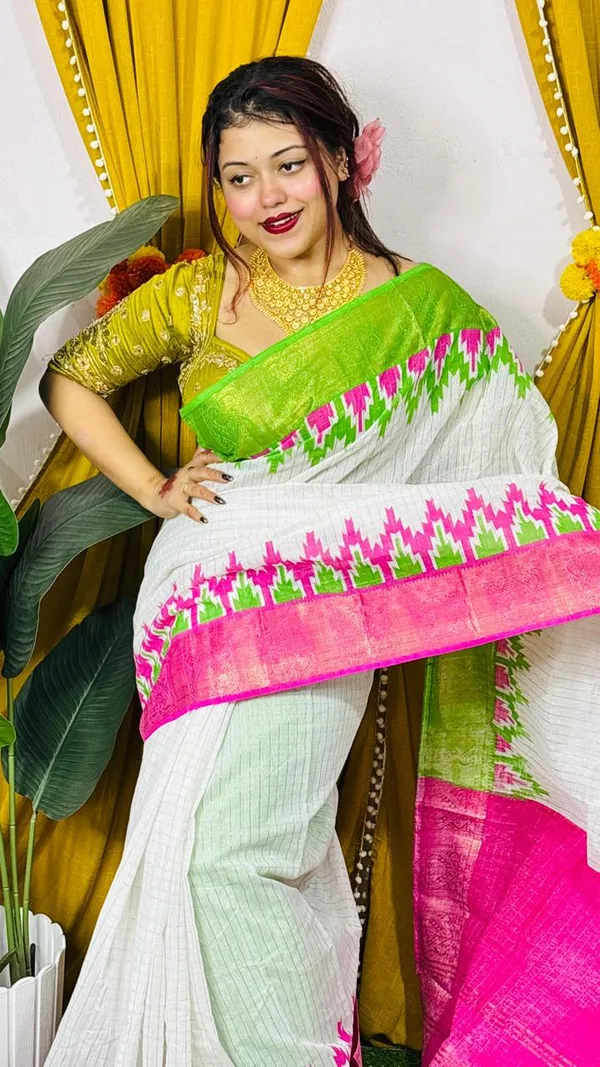 White_Pink_Green_Pochampally_Ikat_Silk_Saree_for_Women