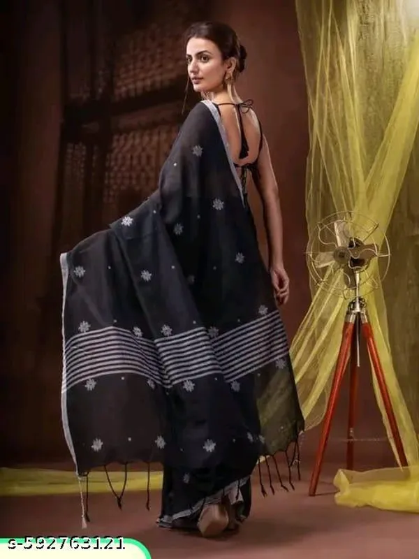 Black_Khadi_Cotton_Solid_Border_Saree_For_Women