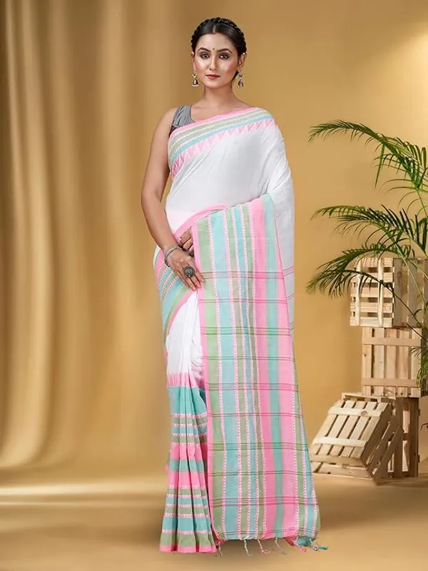 White_Cotton_Striped_Saree_with_Pink_and_Blue_Border