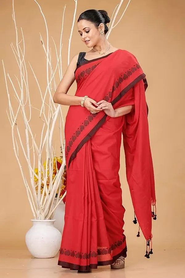 Red_Cotton_Embroidered_Border_Saree_for_Women