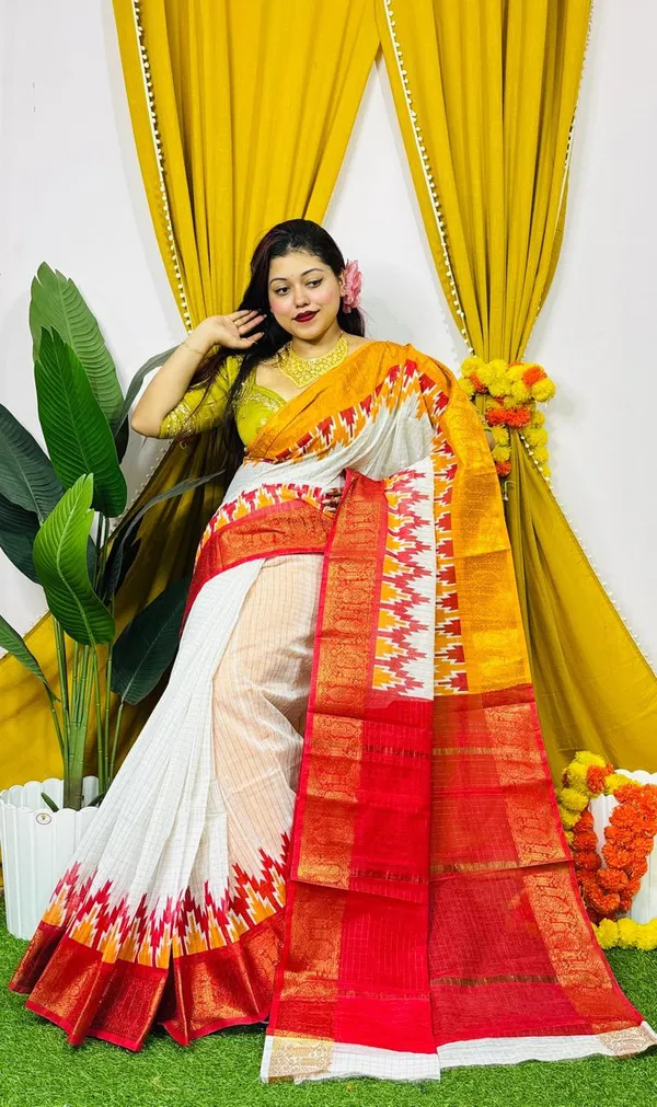 White_Red_Orange_Pochampally_Ikat_Silk_Saree_for_Women