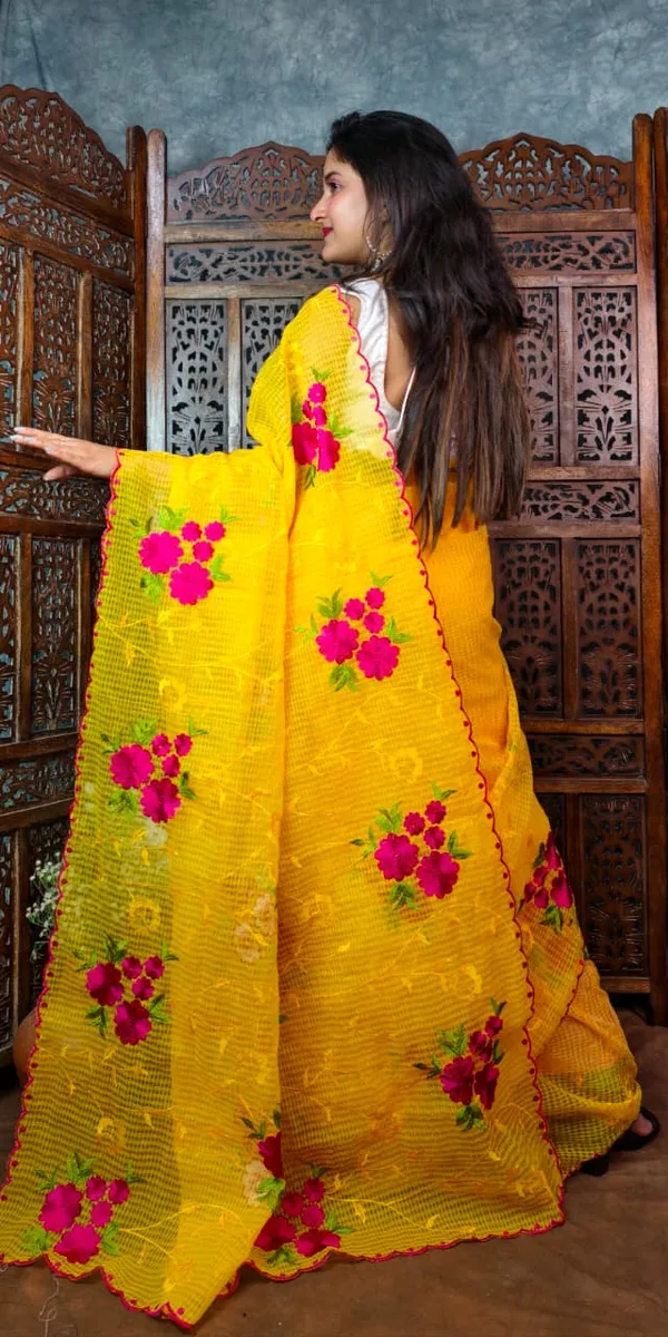 Yellow_Floral_Embroidered_Net_Saree_With_Red_Border