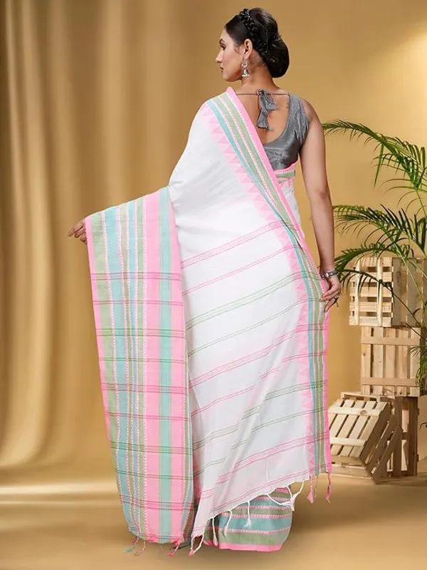 White_Cotton_Silk_Saree_With_Pink_And_Green_Border