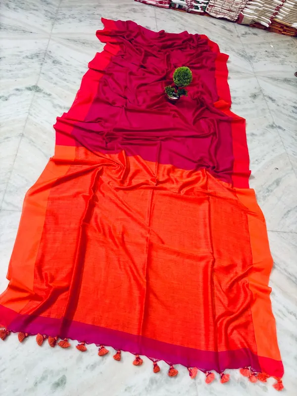 Red_And_Orange_Silk_Saree_With_Tassels