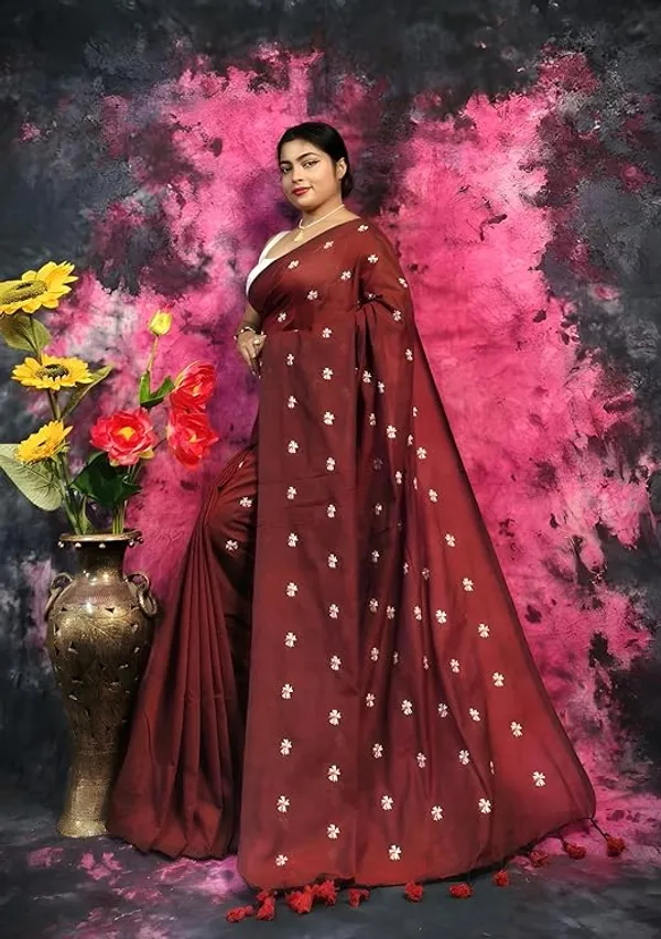 Maroon_Embroidered_Floral_Saree_with_Tassel_Border_for_Women