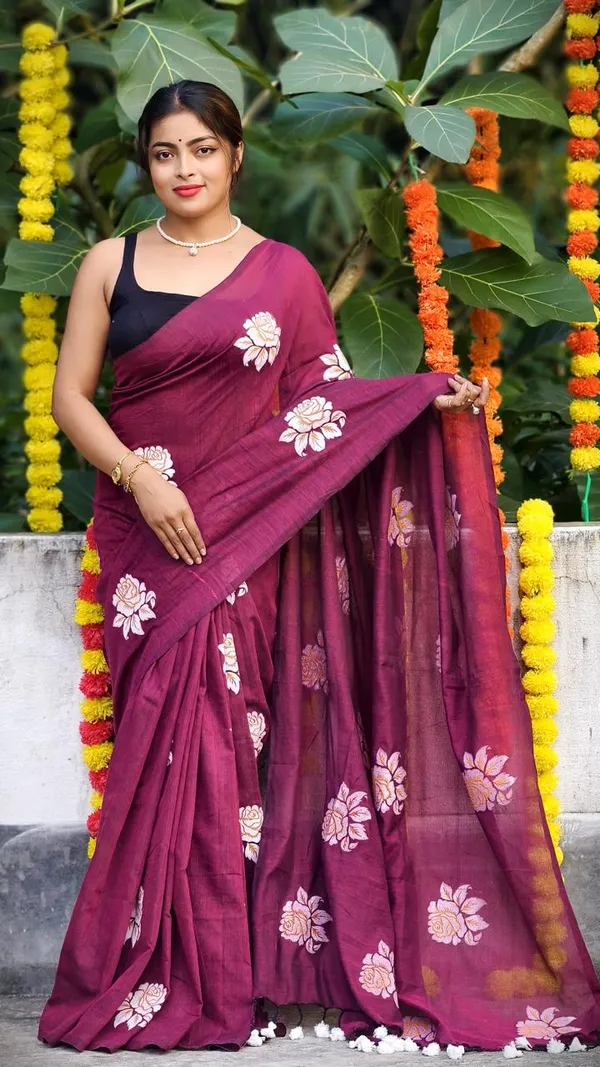 Purple_Floral_Print_Saree_with_Contrast_Blouse