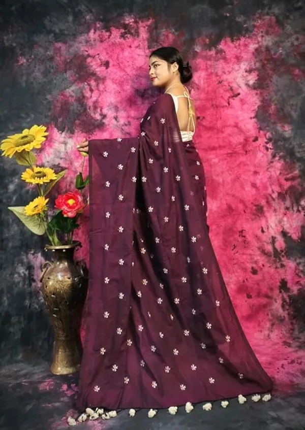 Maroon_Embroidered_Floral_Saree_with_Tassel_Border_for_Women