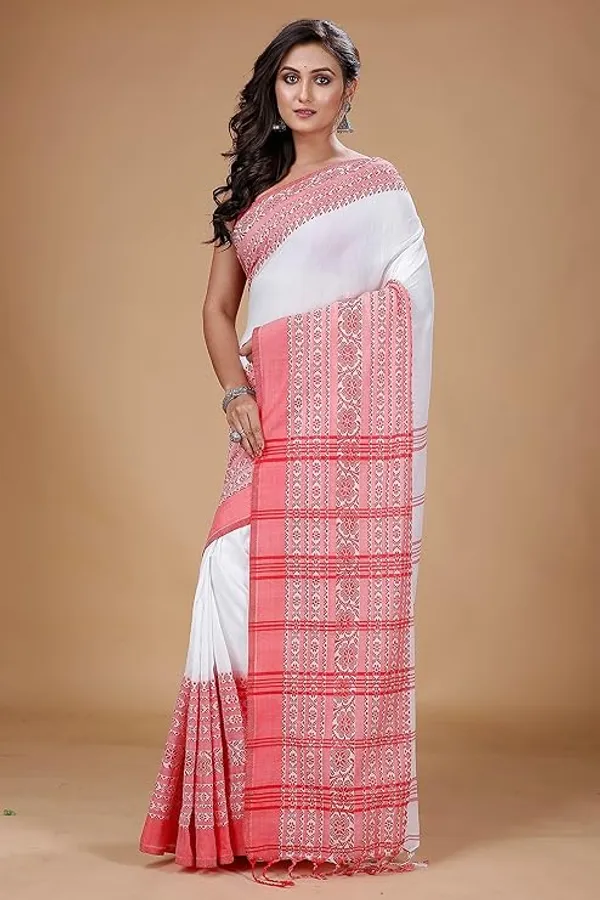 White_Cotton_Silk_Saree_With_Pink_And_Green_Border