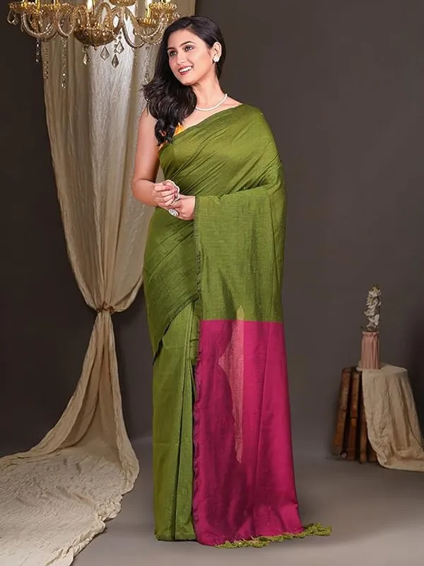 Green_Silk_Blend_Saree_with_Pink_Border_for_Women