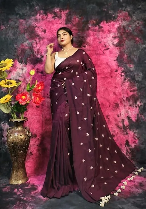 Maroon_Embroidered_Floral_Saree_with_Tassel_Border_for_Women