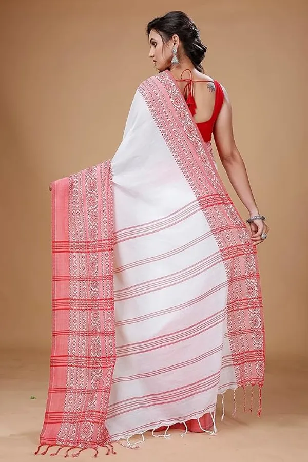 White_Cotton_Silk_Saree_With_Pink_And_Green_Border