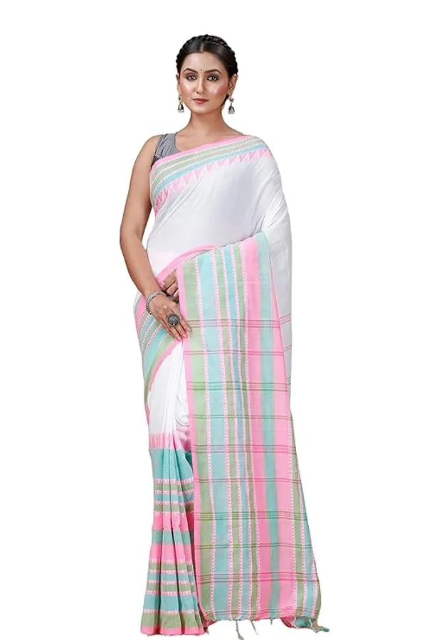 White_Cotton_Silk_Saree_With_Pink_And_Green_Border