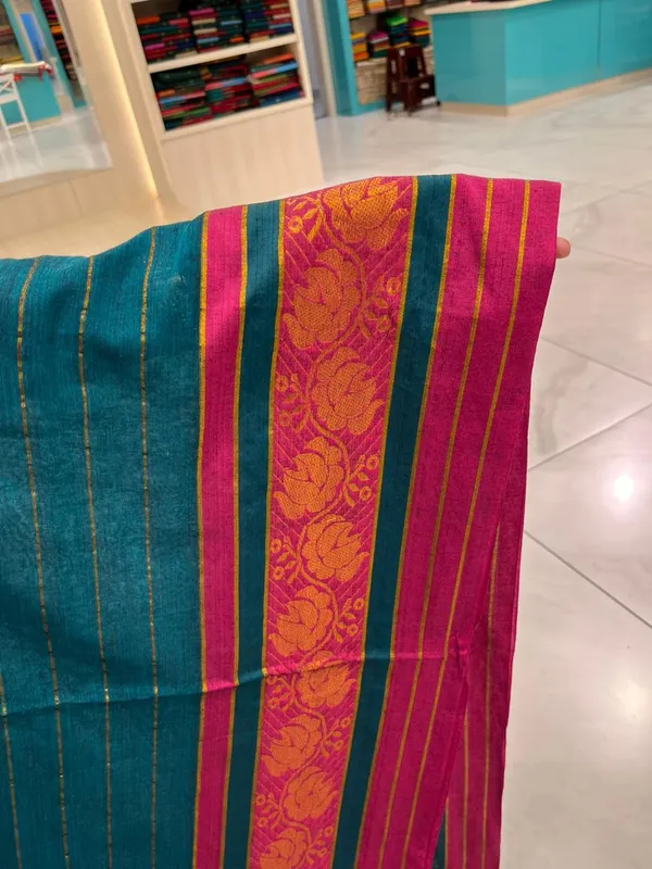 Teal_Blue_Cotton_Silk_Saree_With_Pink_Brocade_Border