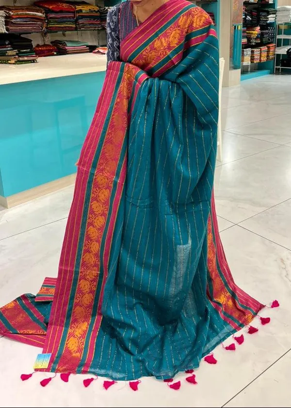Teal_Blue_Cotton_Silk_Saree_With_Pink_Brocade_Border