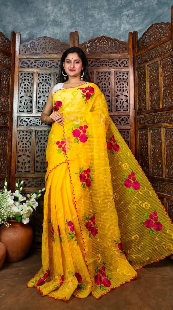 Yellow_Floral_Embroidered_Net_Saree_With_Red_Border