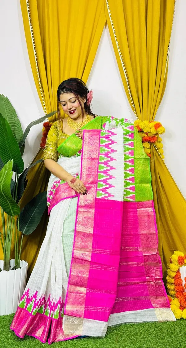 White_Pink_Green_Pochampally_Ikat_Silk_Saree_for_Women