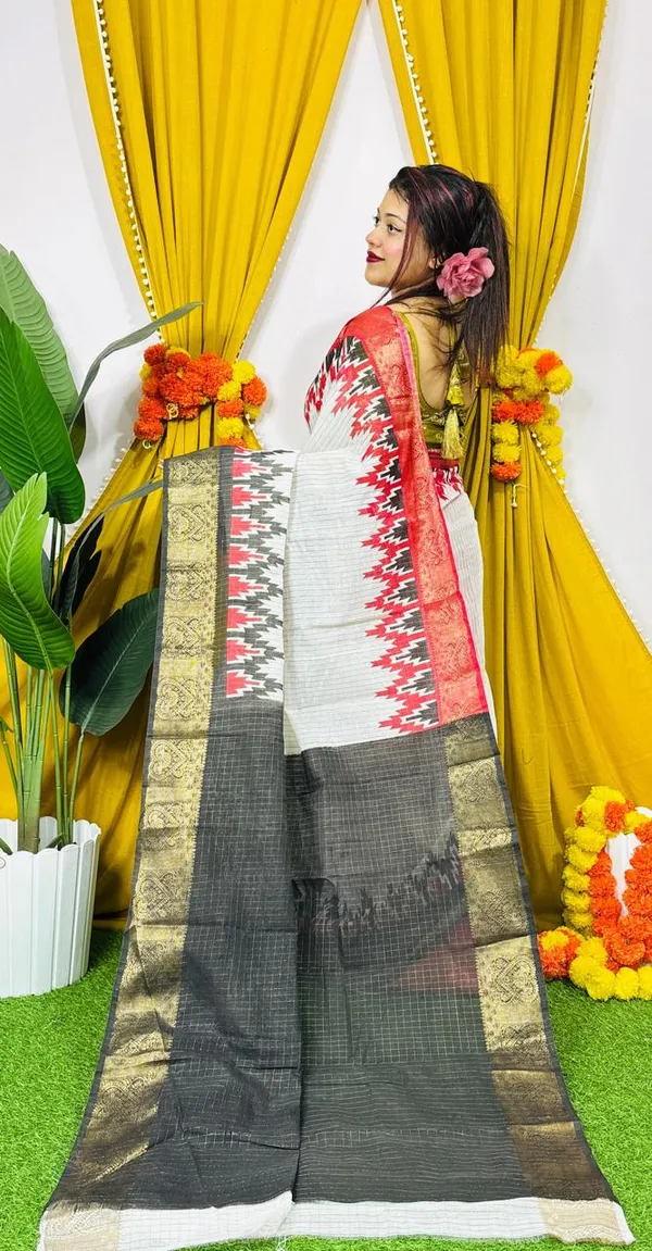White_Pochampally_Ikat_Cotton_Saree_With_Maroon_Border
