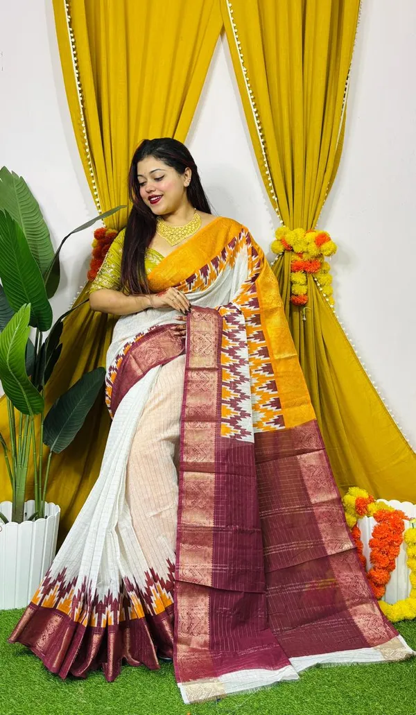 Off_White_Pochampally_Ikat_Silk_Saree_With_Maroon_Border