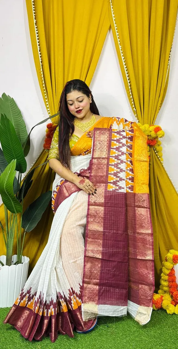 Off_White_Pochampally_Ikat_Silk_Saree_With_Maroon_Border