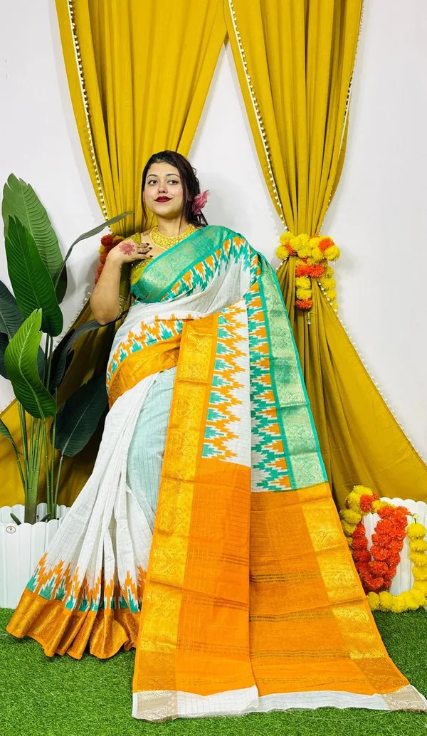 White_Pochampally_Ikat_Cotton_Saree_With_Maroon_Border
