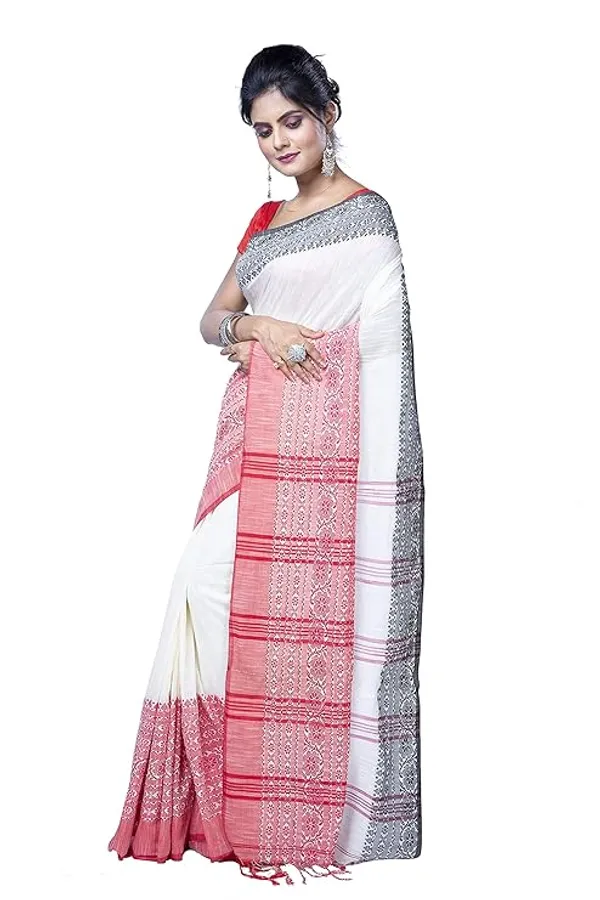 White_Cotton_Handloom_Saree_With_Pink_Border_For_Women