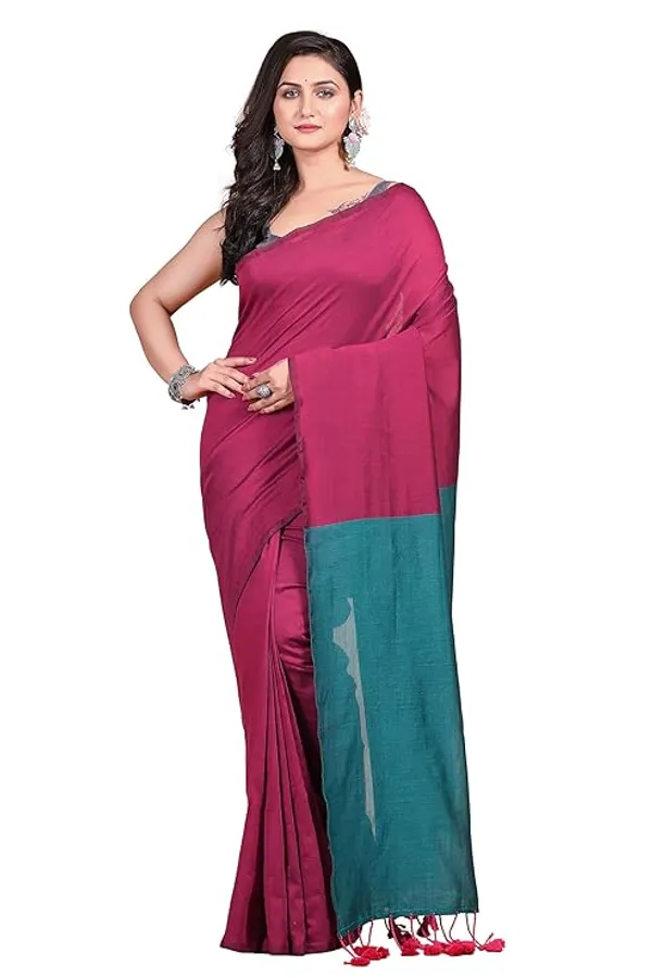 Pink_And_Teal_Silk_Blend_Saree_With_Contrast_Border