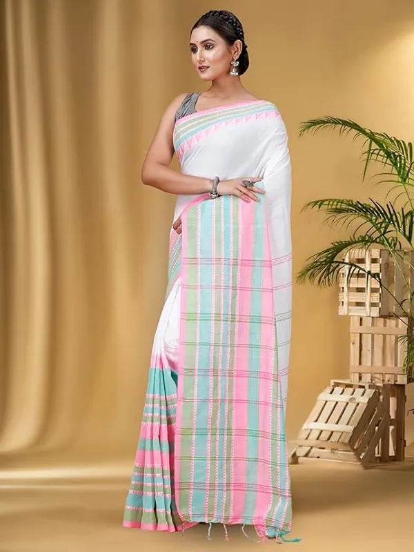 White_Cotton_Silk_Saree_With_Pink_And_Green_Border