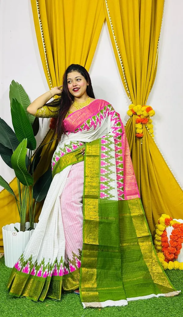 White_Pochampally_Ikat_Silk_Saree_With_Pink_And_Green_Border