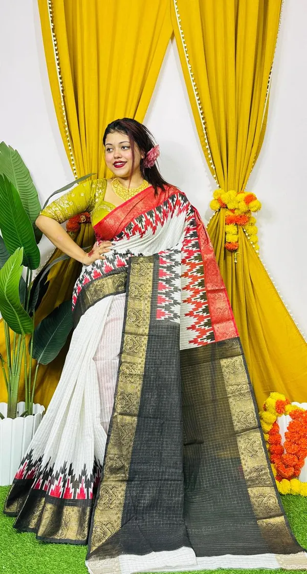 White_Pochampally_Ikat_Cotton_Saree_With_Maroon_Border