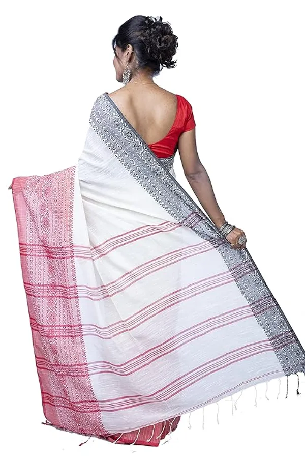 White_Cotton_Handloom_Saree_With_Pink_Border_For_Women