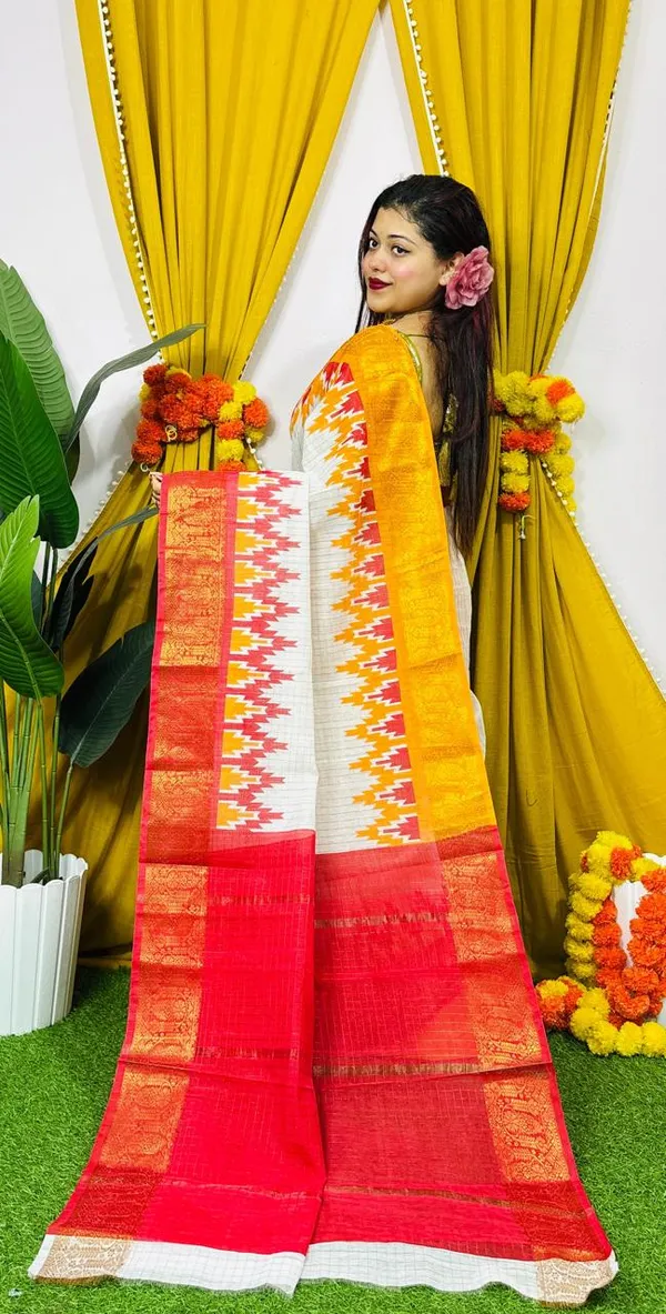 White_Pochampally_Ikat_Cotton_Saree_With_Maroon_Border