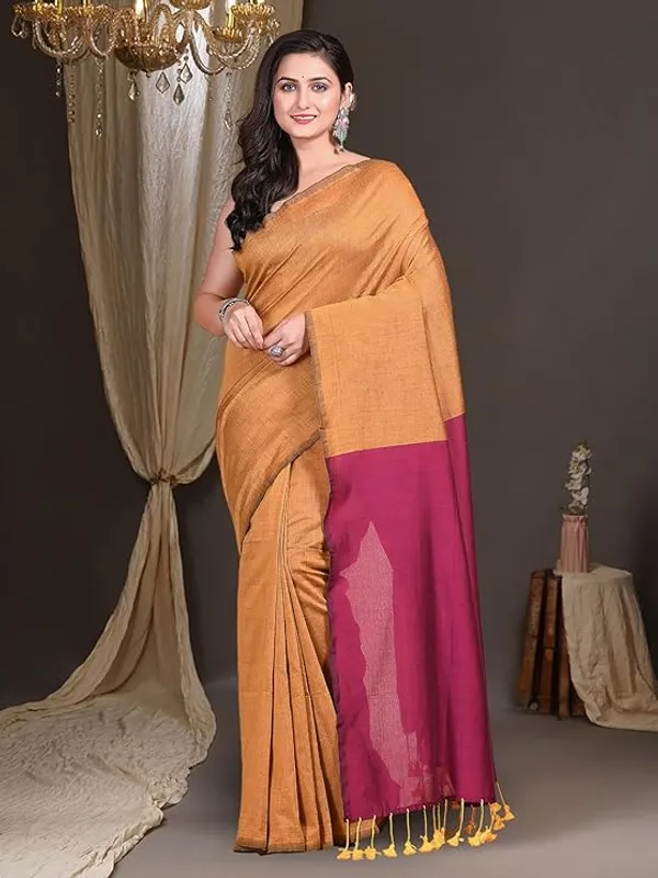 Mustard_Yellow_Cotton_Silk_Saree_With_Pink_Border_For_Women