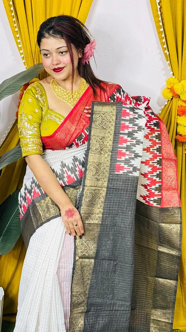 White_Pochampally_Ikat_Cotton_Saree_With_Maroon_Border