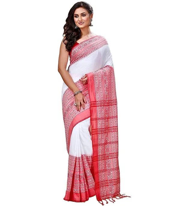 White_Cotton_Silk_Saree_With_Pink_And_Green_Border