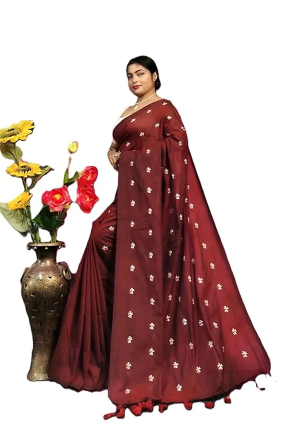 Maroon_Embroidered_Floral_Saree_with_Tassel_Border_for_Women