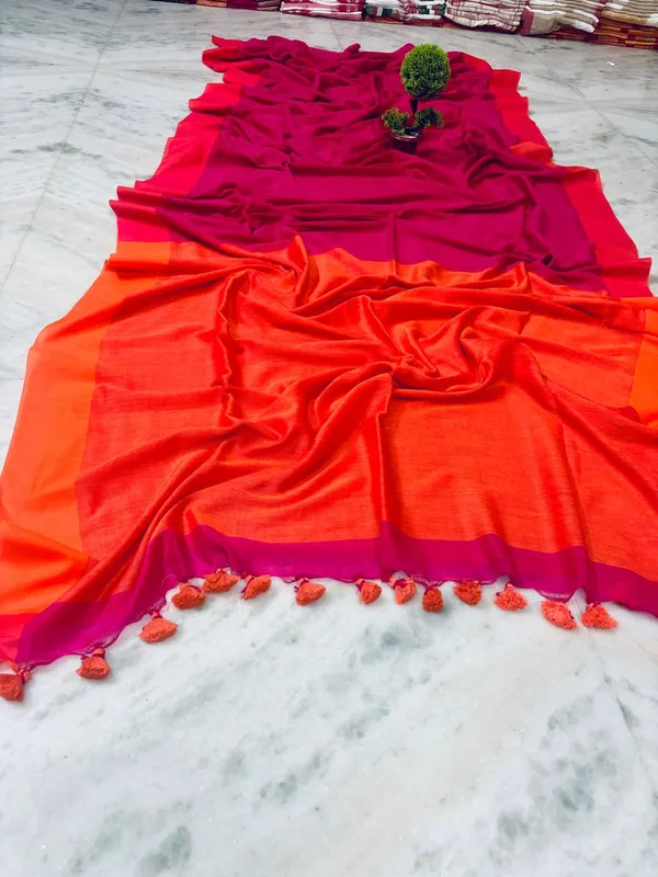 Red_And_Orange_Silk_Saree_With_Tassels