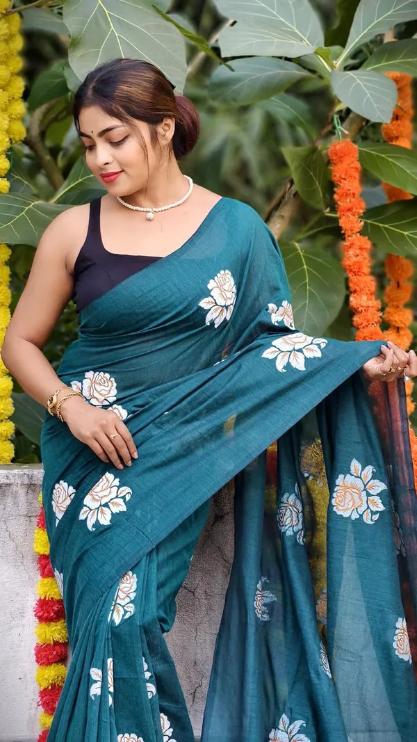 Teal_Blue_Floral_Embroidered_Cotton_Saree_for_Women