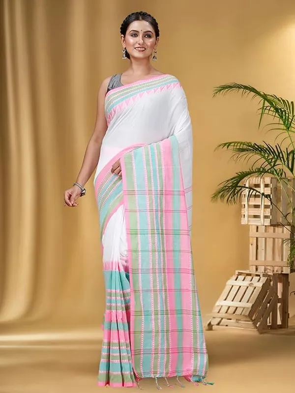 White_Cotton_Silk_Saree_With_Pink_And_Green_Border