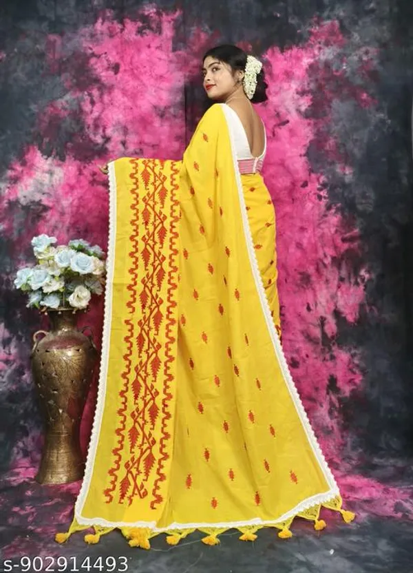 Yellow_Gold_Khadi_Cotton_Applique_Saree_For_Women
