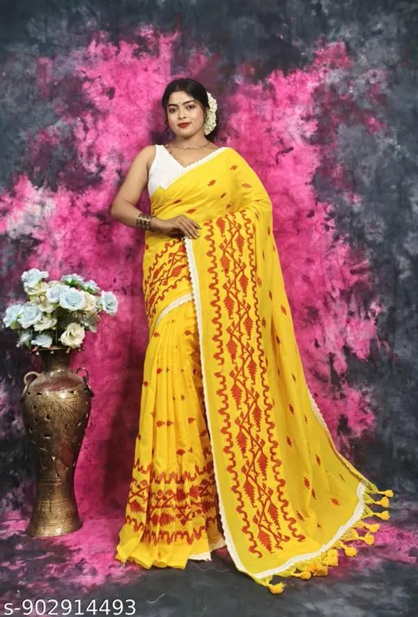 Yellow_Gold_Khadi_Cotton_Applique_Saree_For_Women