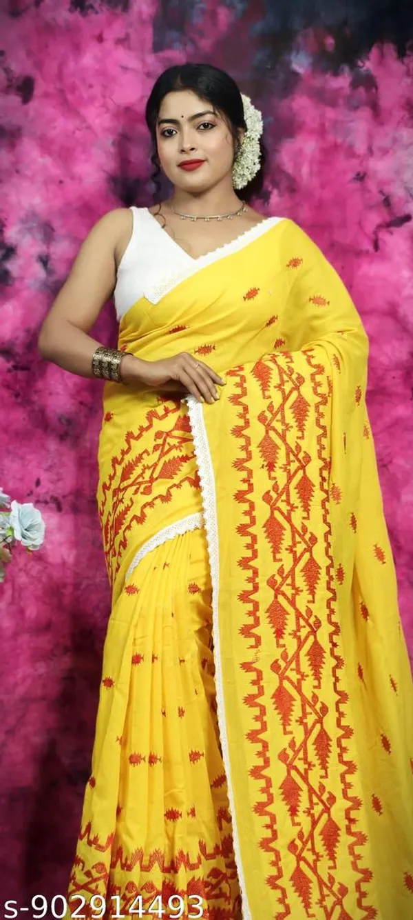 Yellow_Gold_Khadi_Cotton_Applique_Saree_For_Women