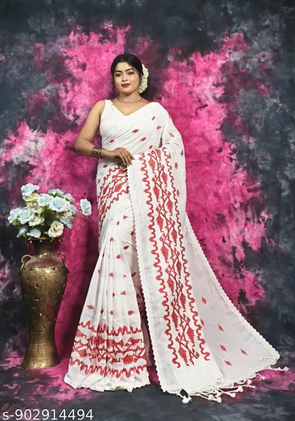 White_Khadi_Cotton_Applique_Saree_For_Women