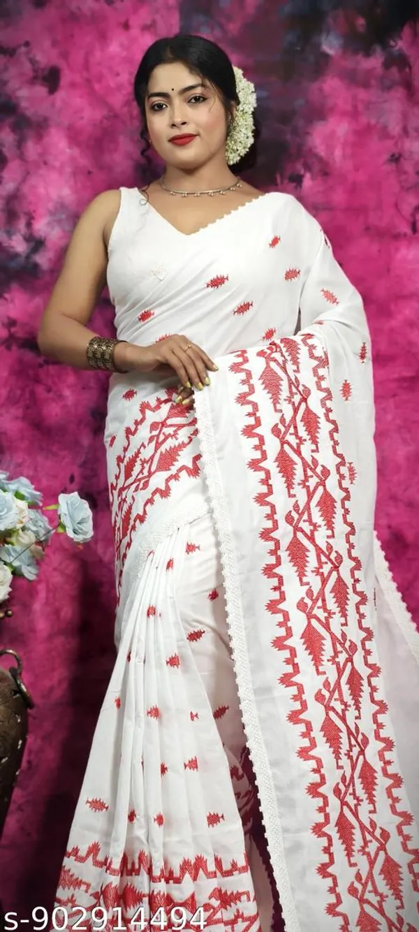 White_Khadi_Cotton_Applique_Saree_For_Women