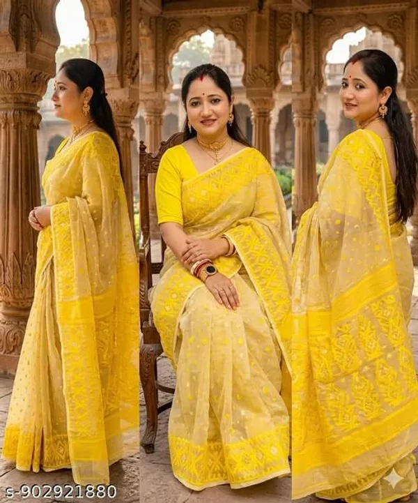 Yellow_Khadi_Cotton_Jamdani_Saree_For_Women