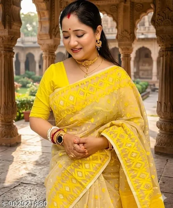 Yellow_Khadi_Cotton_Jamdani_Saree_For_Women
