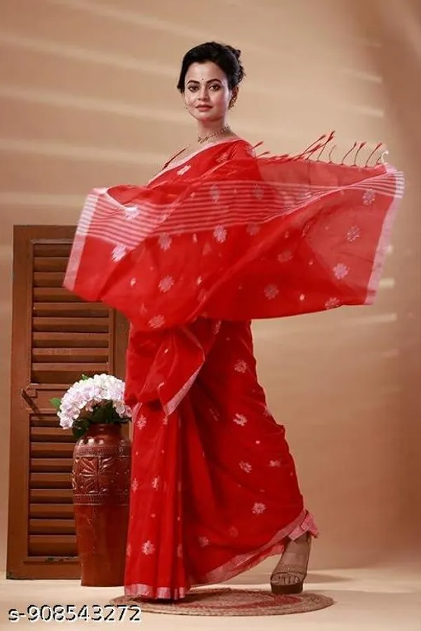 Red_Khadi_Cotton_Zari_Border_Saree_For_Women