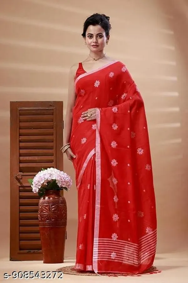 Red_Khadi_Cotton_Zari_Border_Saree_For_Women