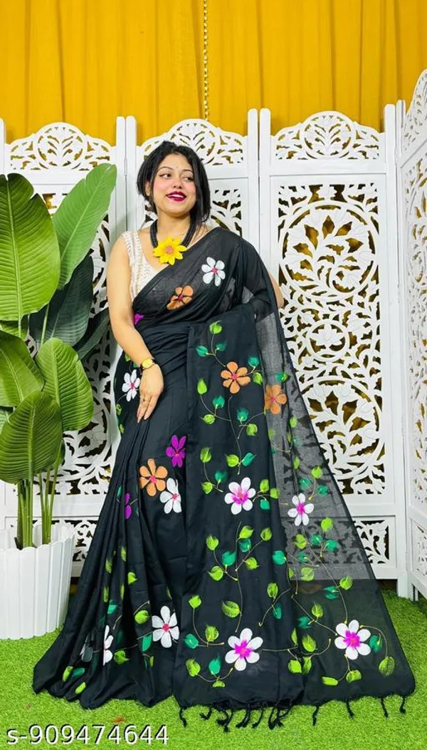 Black_Khadi_Cotton_Hand_Printed_Saree_For_Women