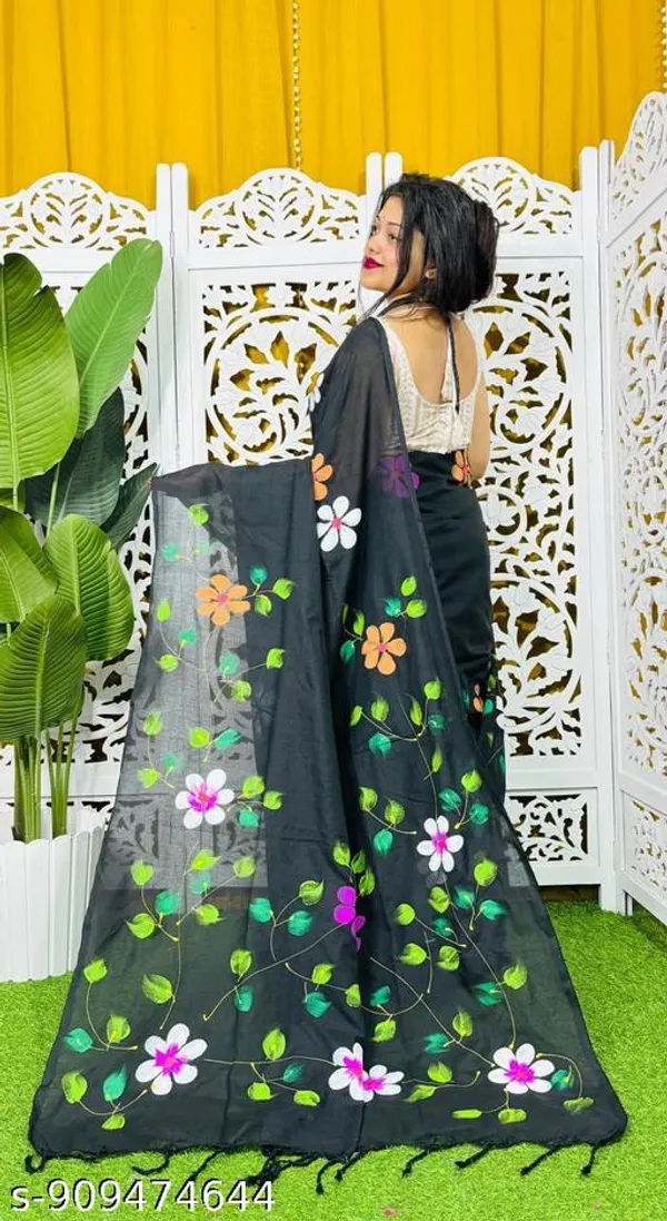 Black_Khadi_Cotton_Hand_Printed_Saree_For_Women